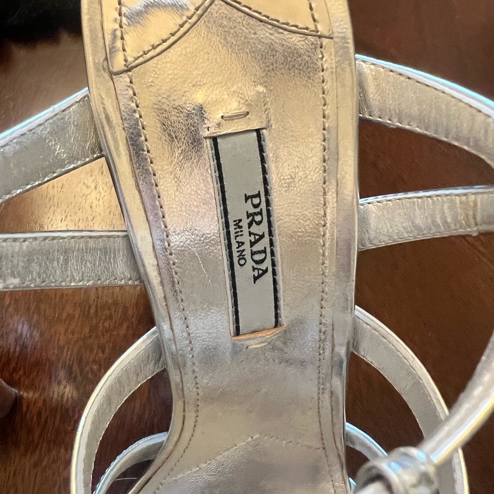 Gently used Prada silver sandal heels. Size 9. - Picture 6 of 9